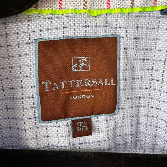 Tattersall London Mens Dress Shirt 17 1/2 34/35 Light Blue Checkered Long Sleeve - Picture 2 of 6